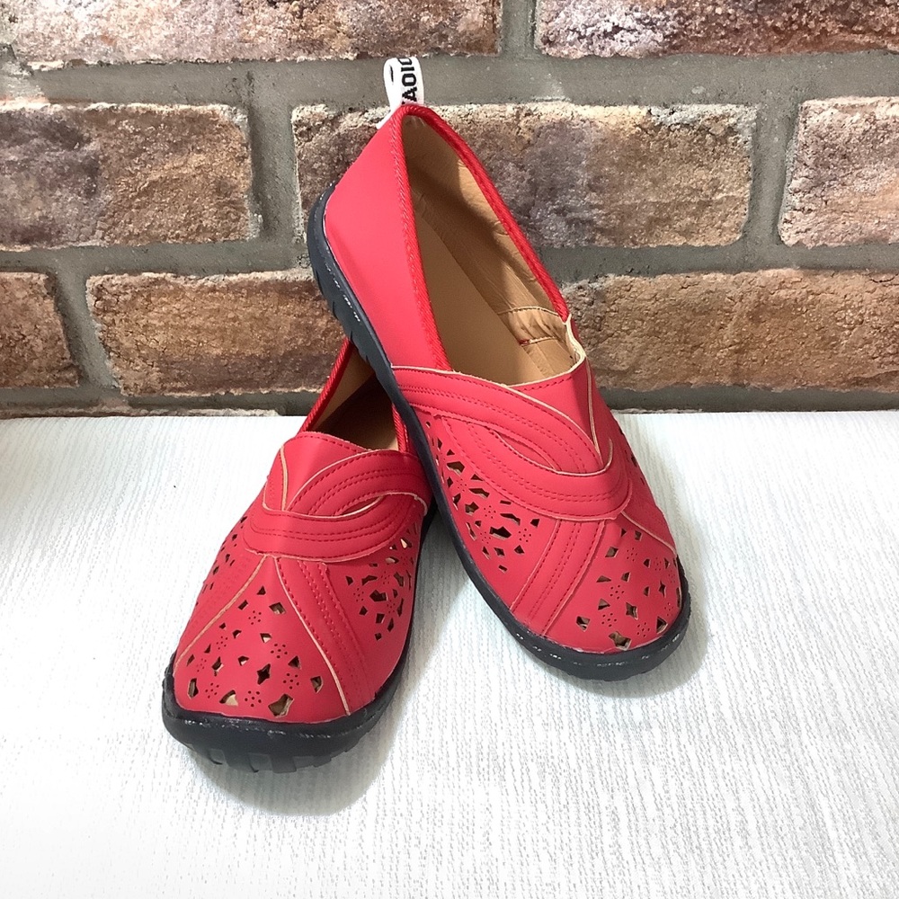 J’AOIOR Red Laser Cut-Out Faux Suede Slip-On Shoes